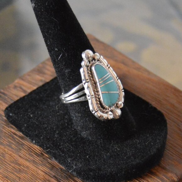 Navajo Sterling Silver and Turquoise Inlay Ring by James Manygoats - Picture 5 of 11